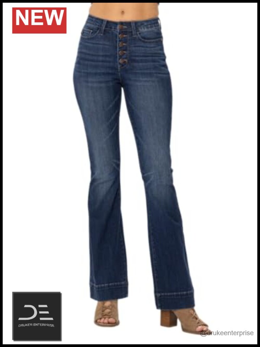 High Waisted Button Fly Trouser Flare Jeans 66% Cotton Stretch
